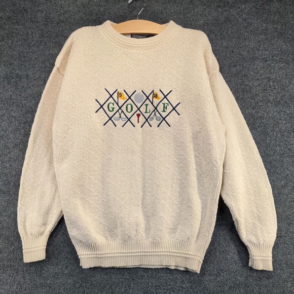 Knights Bridge Men's Spell Out Golf Sweater Cream Medium Embroidered Pullover - Picture 2 of 14